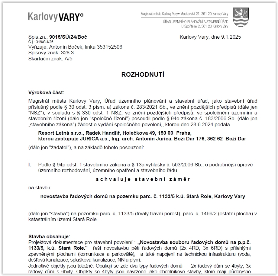 S potěšením oznamujeme, že jsme získali STAVEBNÍ POVOLENÍ na výstavbu řadových rodinných domů